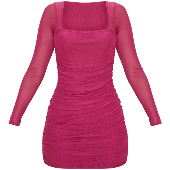 Hot Pink Mesh Square Neck Ruched Body-con Dress - Picture 1 of 6